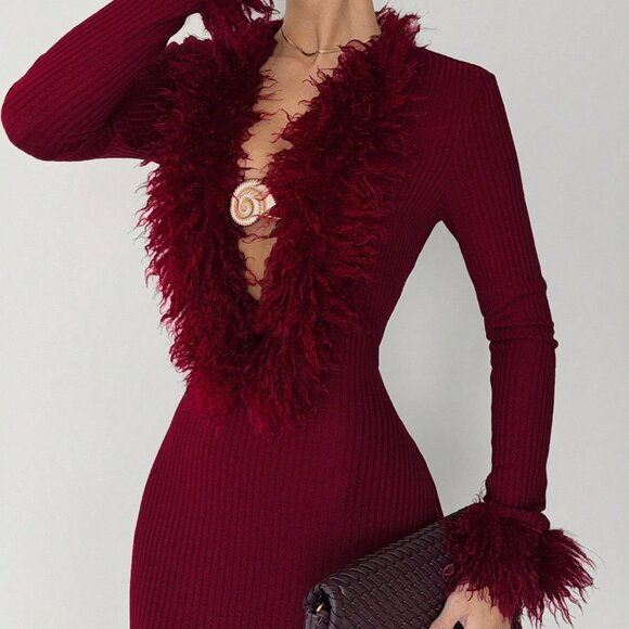Burgundy Elegant Women's Christmas faux fur trim Sweater Dress - Picture 2 of 5